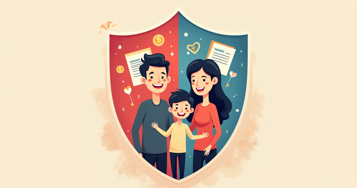 Família unida cercada por escudo, representando proteção financeira dupla com seguro de vida e previdência privada. 