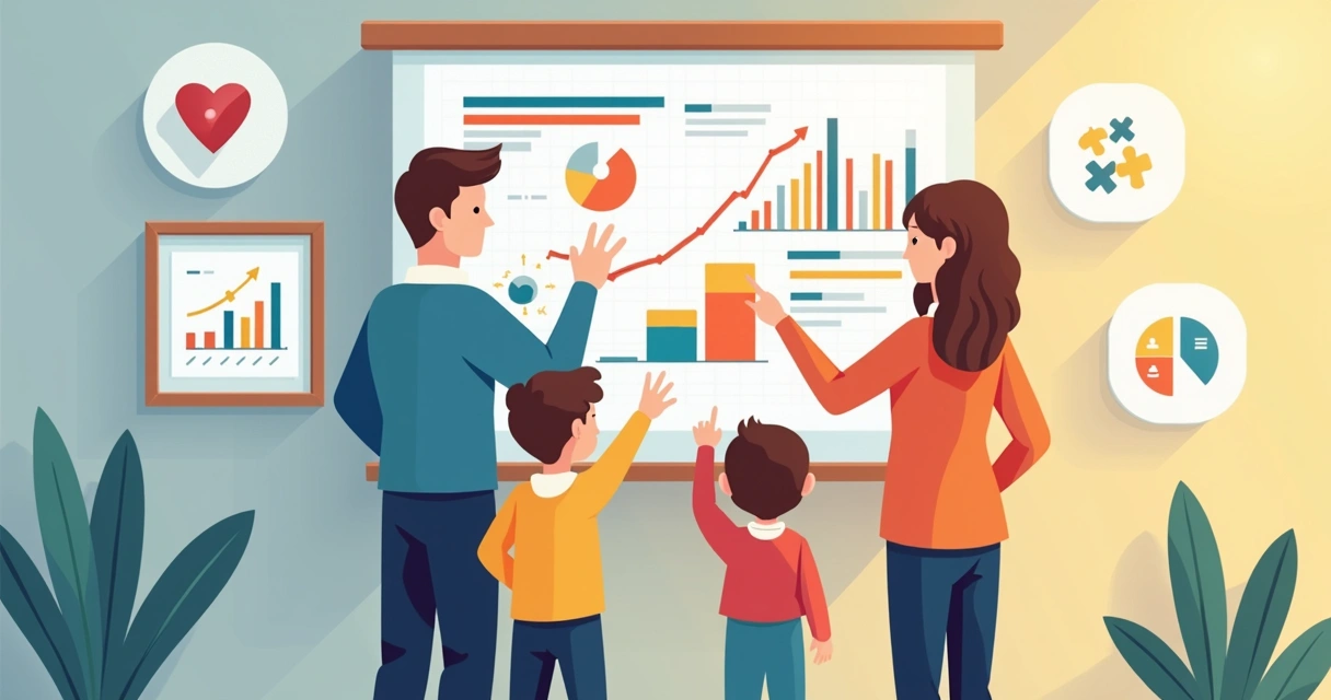 Família à frente de um gráfico de projeção de vida e proteção 