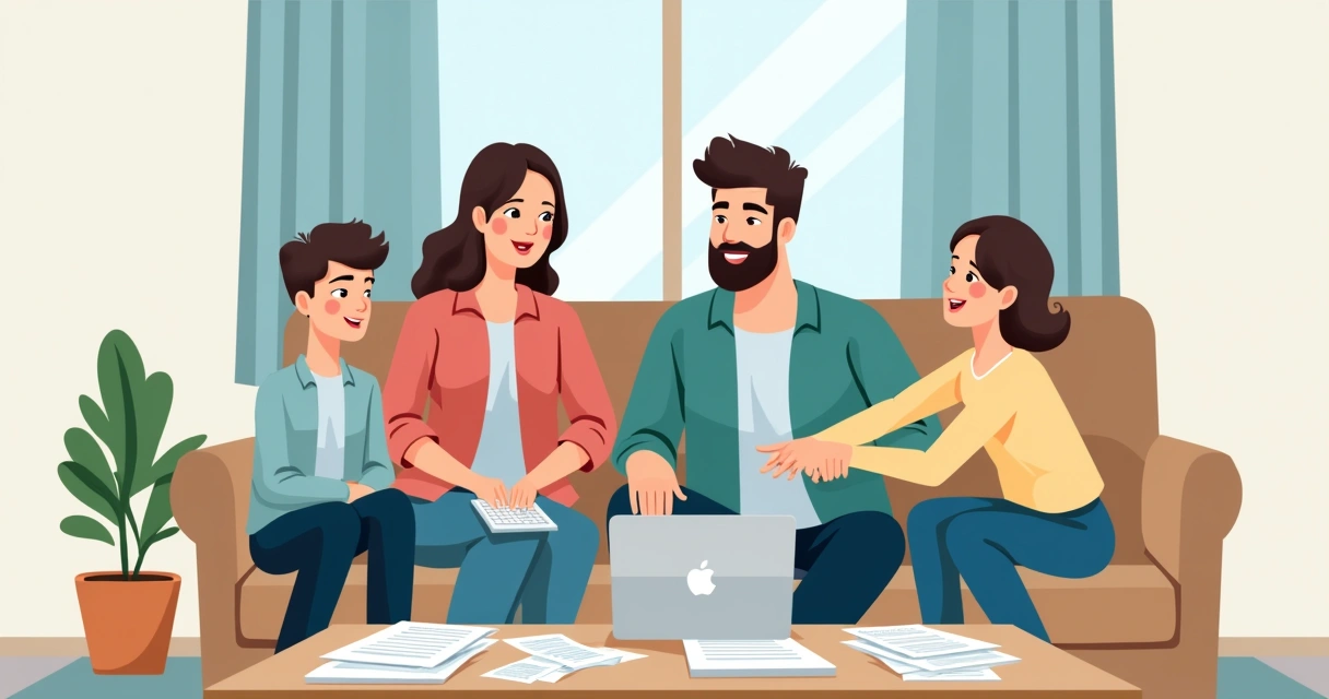 Família sentada em sala de estar, contas e documentos na mesa, consultando apólice 