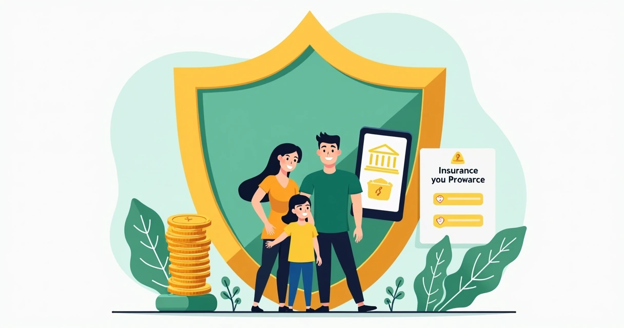 Família feliz protegida por escudo, simbolizando segurança com reserva financeira e seguros.