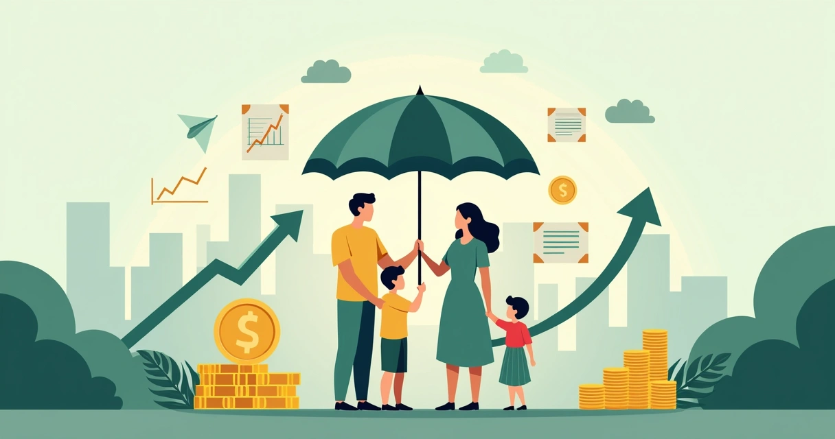 Família unida sob guarda-chuva com gráficos crescentes ao fundo 