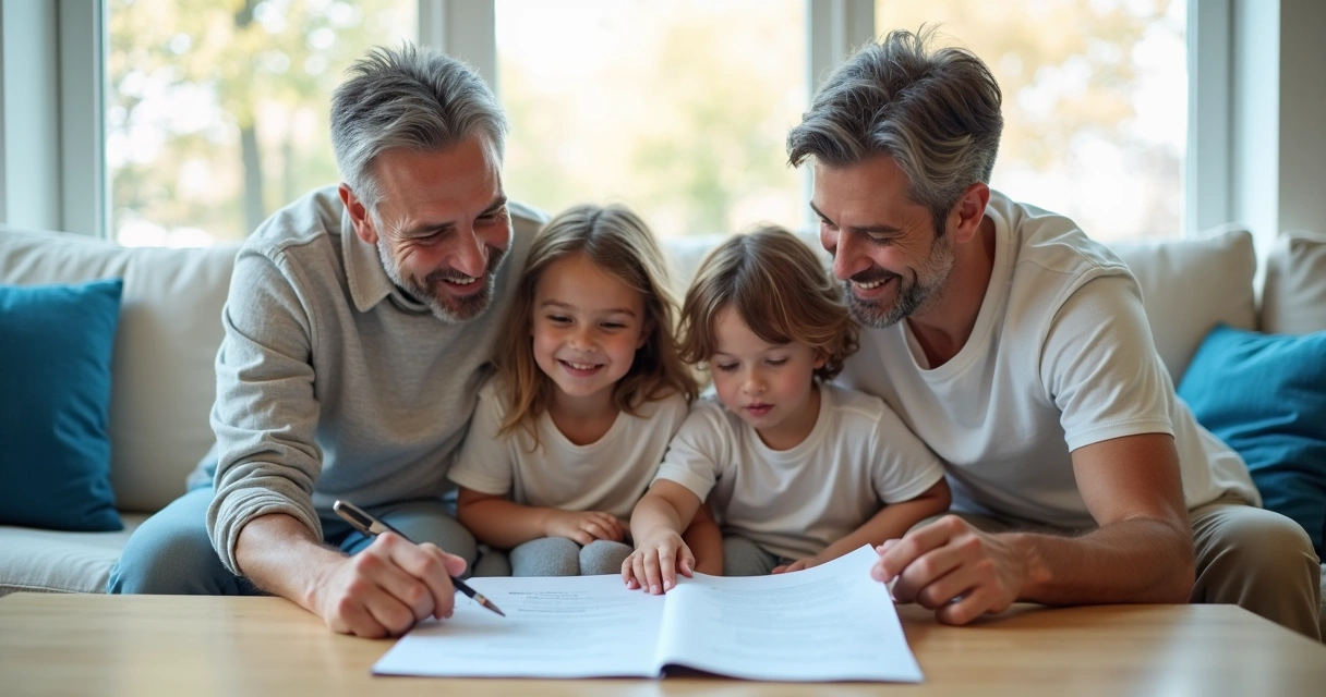 Família sentada no sofá, sorrindo, com documentos de seguro na mesa 
