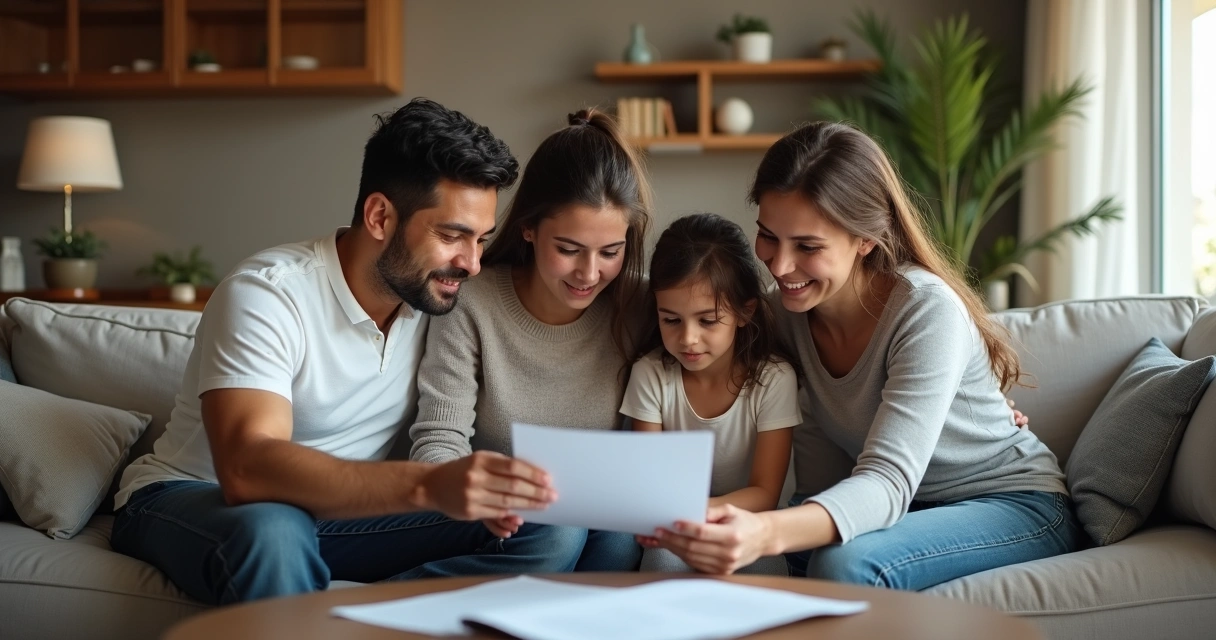 Família sentada com contrato de seguro residencial 