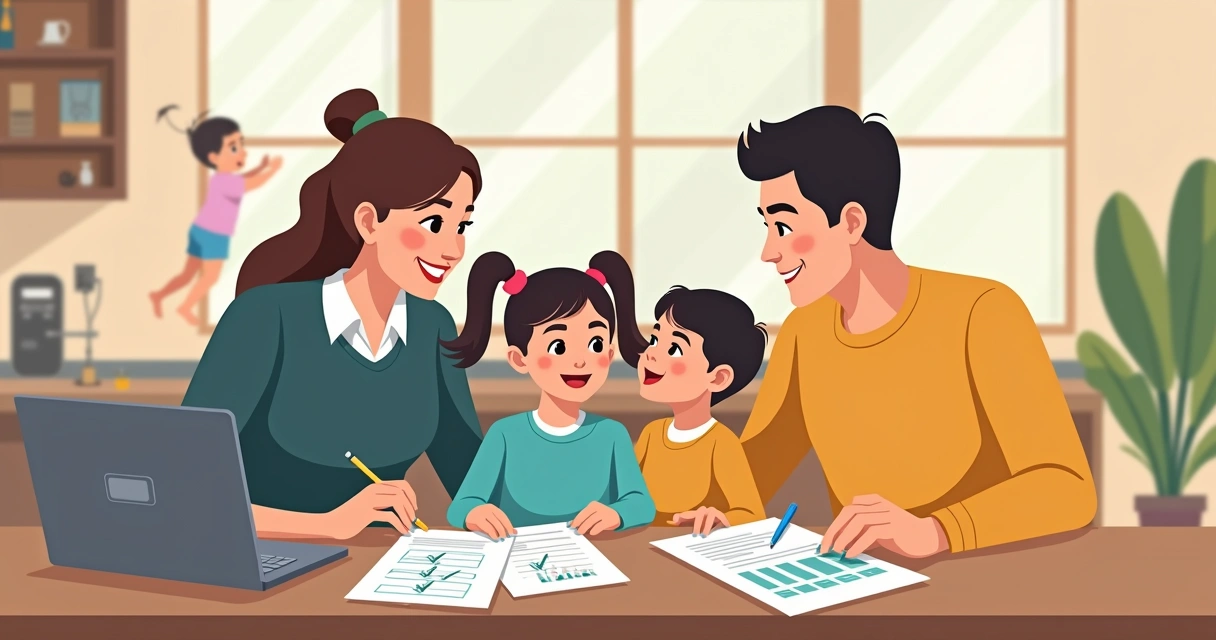 Família sentada à mesa com papéis e computador revisando apólice de seguro de vida. 