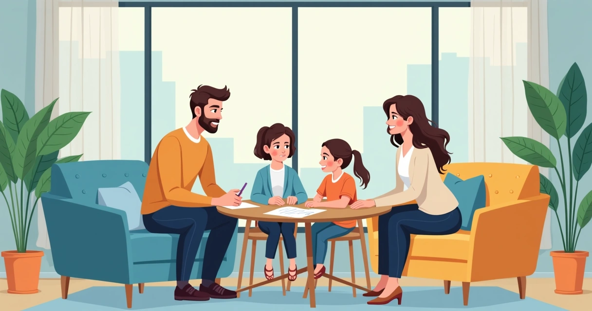 Família reunida em casa, sentada ao redor de uma mesa, discutindo documentos de seguros 