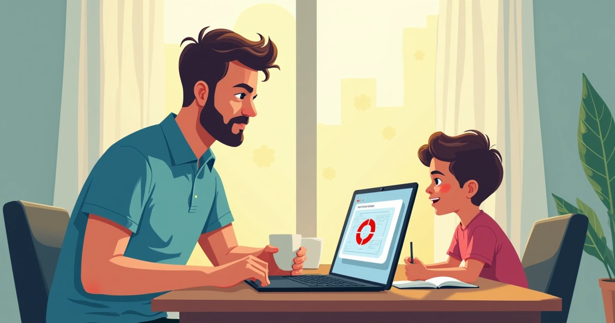 Homem com laptop, consultando simulação de seguro, criança ao lado 