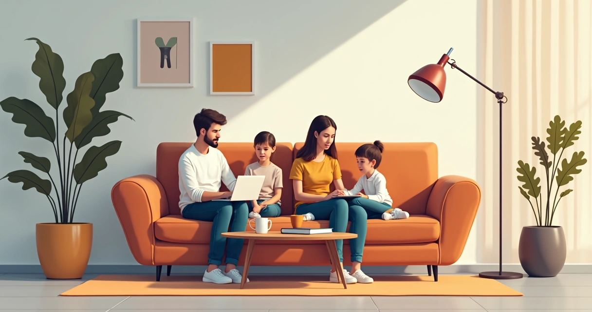 Família sentada no sofá, tranquila e segura, rodeada por papéis de seguro, simbolizando proteção financeira 