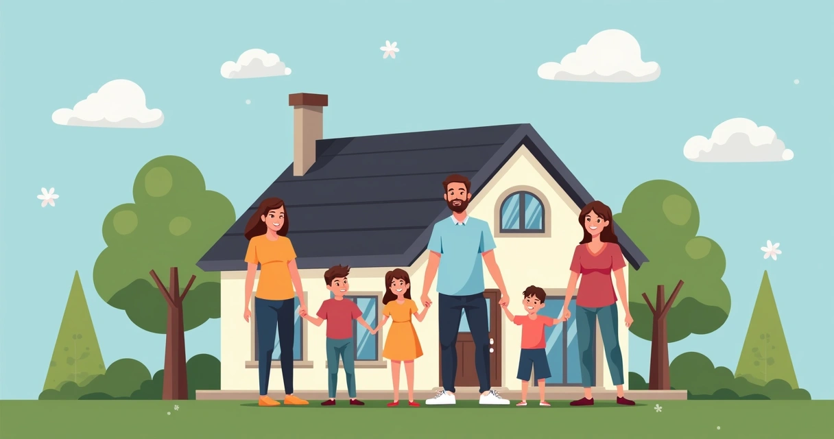 Família segura e sorridente diante de casa, mostrando tranquilidade financeira. 