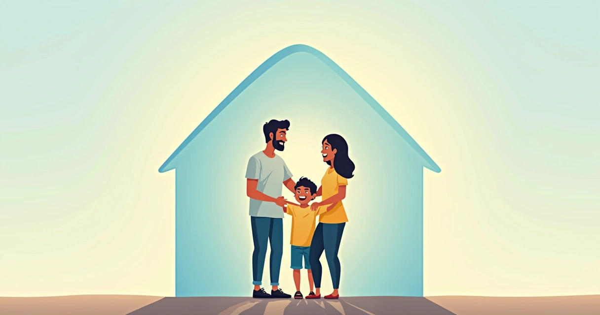Família feliz abraçada protegida por uma casa transparente 