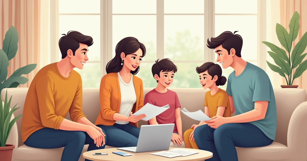 Família reunida conversando sobre proteção financeira 