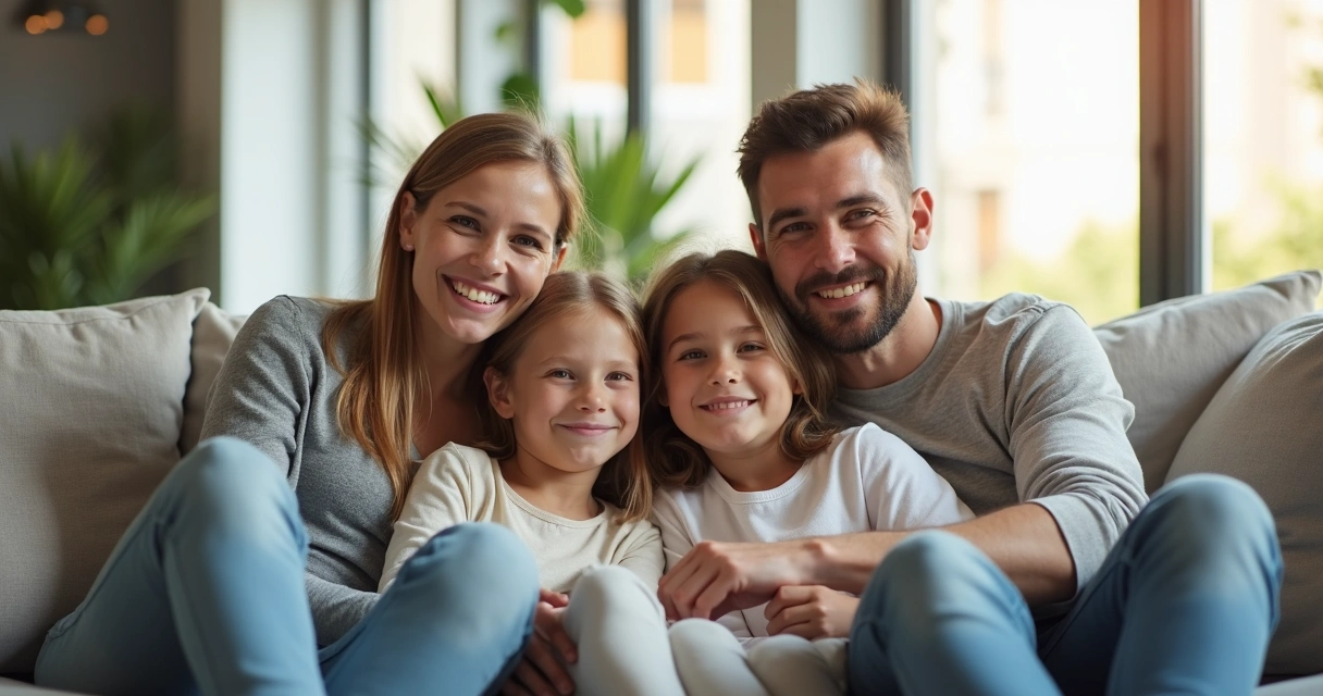 Família reunida em sala moderna, demonstrando segurança e tranquilidade. 