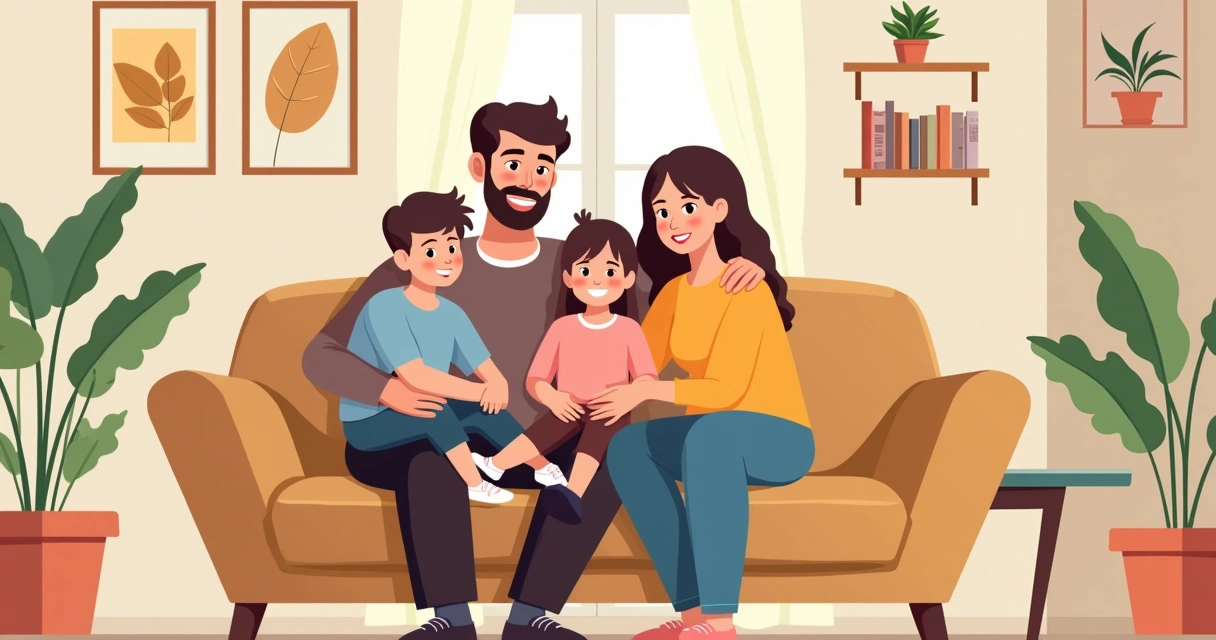 Família reunida sorrindo sentada em sofá em casa 