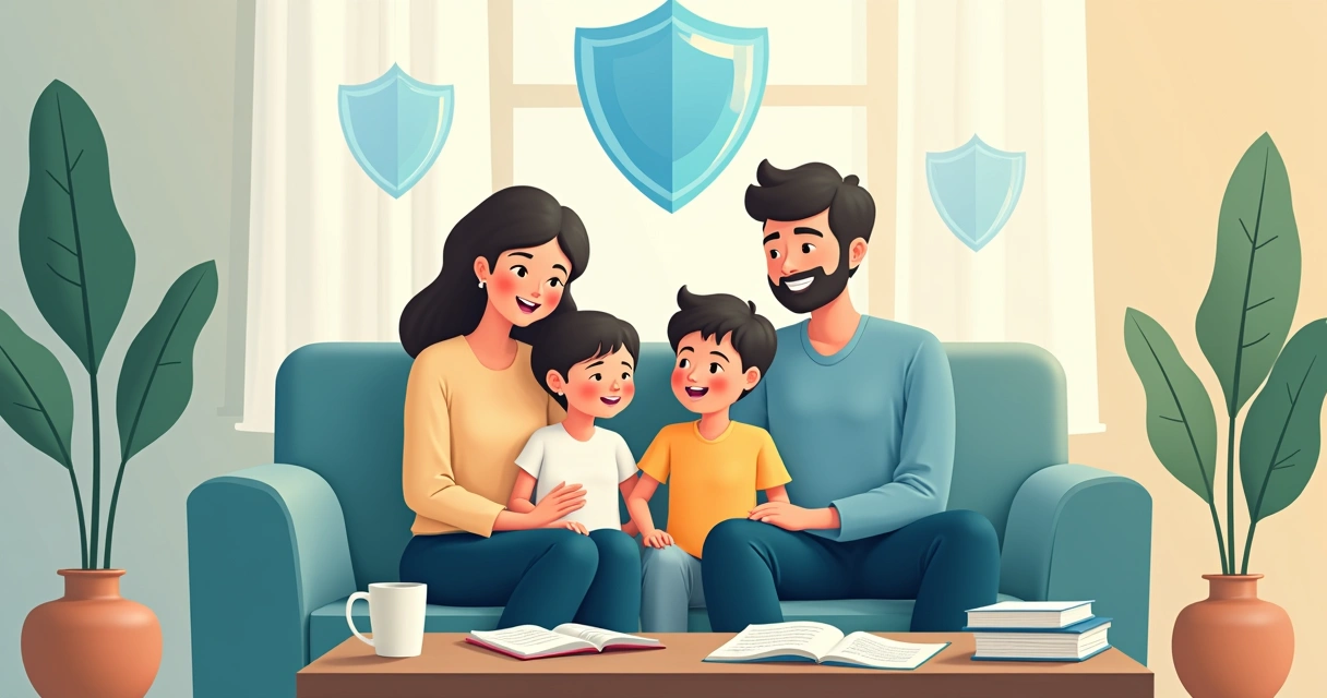 Família de quatro pessoas sorrindo, sentada em um sofá, envelopada por elementos gráficos de proteção, como um escudo azul transparente ao redor 