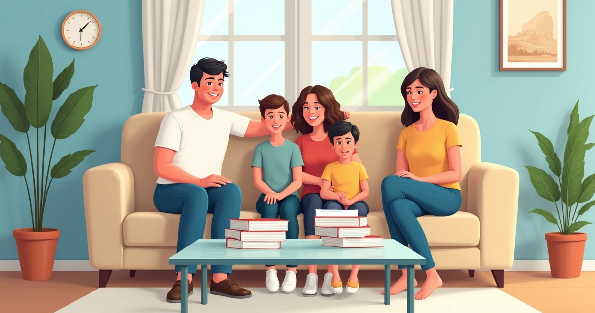 Família reunida sorrindo sentada no sofá, com papéis de seguro organizados na mesa de centro 