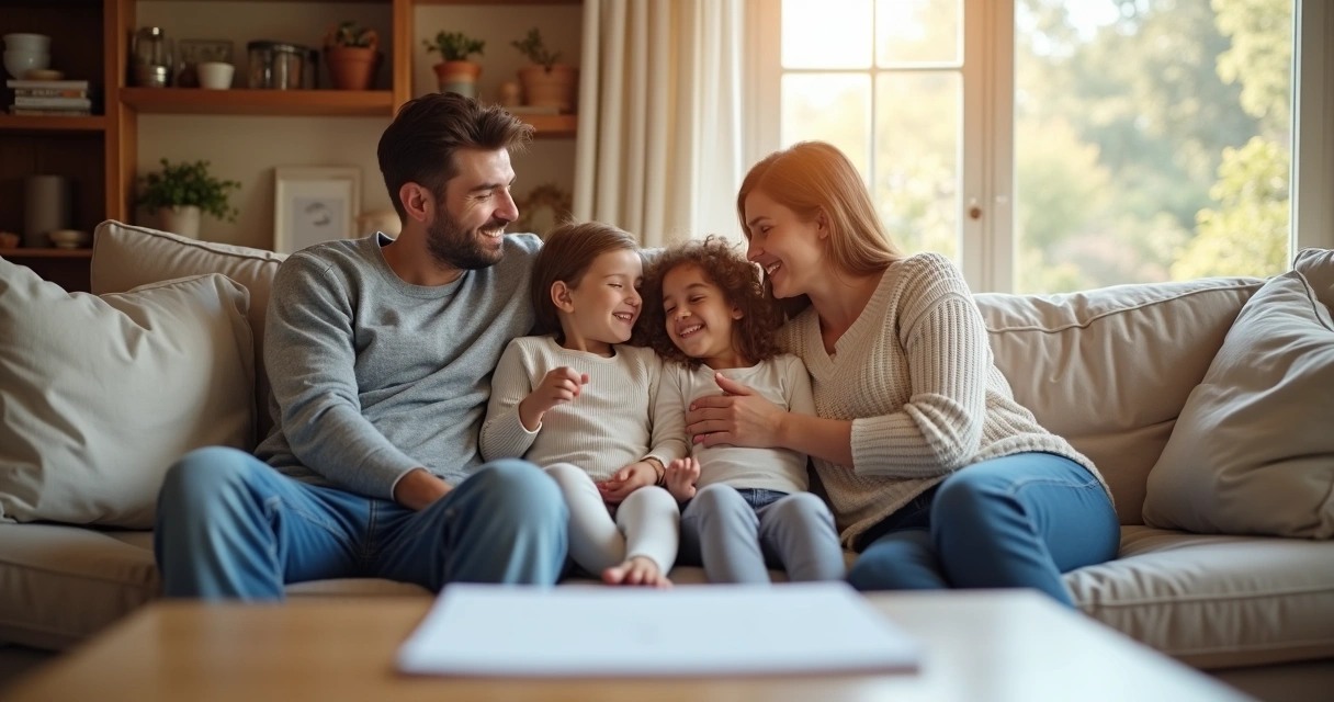 Família reunida no sofá, sorrindo e sentindo-se segura com seguro de vida 