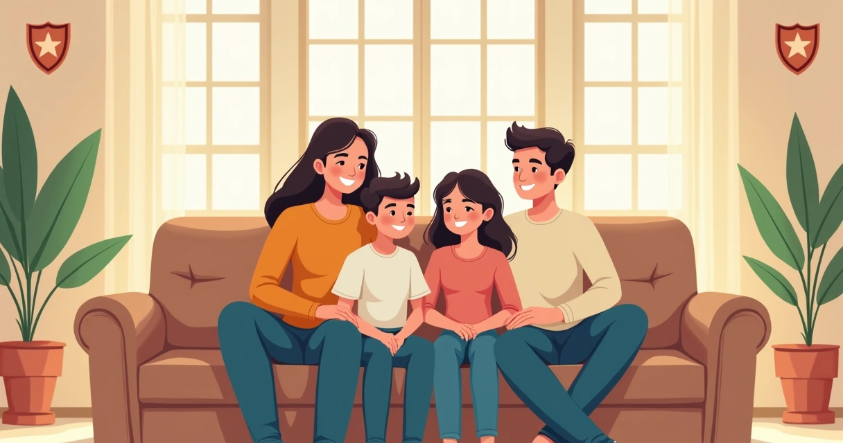 Família sorridente sentada em casa, transmitindo segurança 