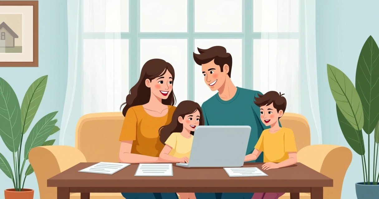 Família reunida em casa confortável, com documentos de seguro sobre a mesa 