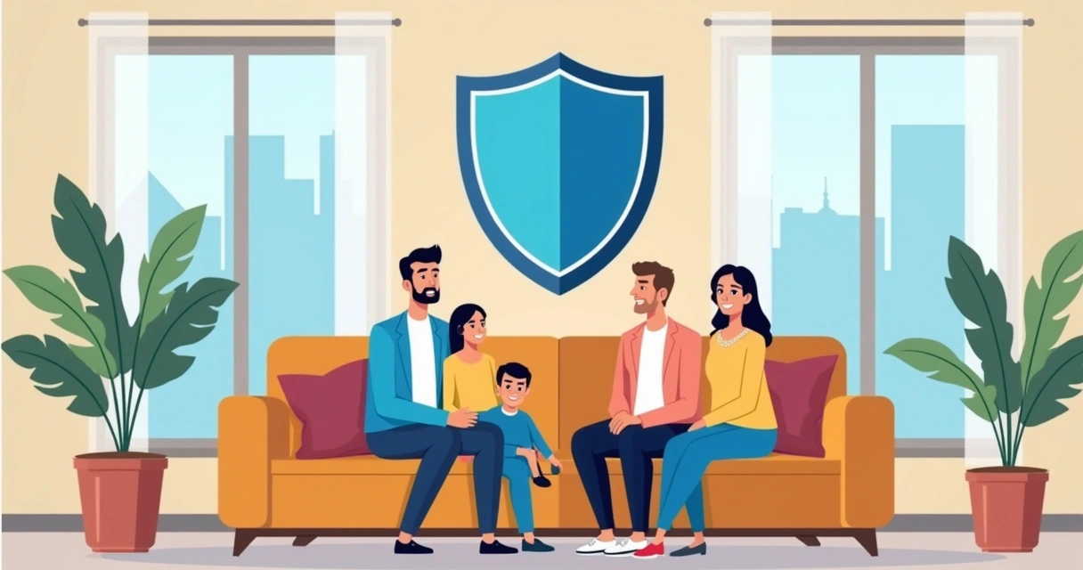Família em casa sorrindo, protegida por um símbolo de seguro de vida no fundo. 