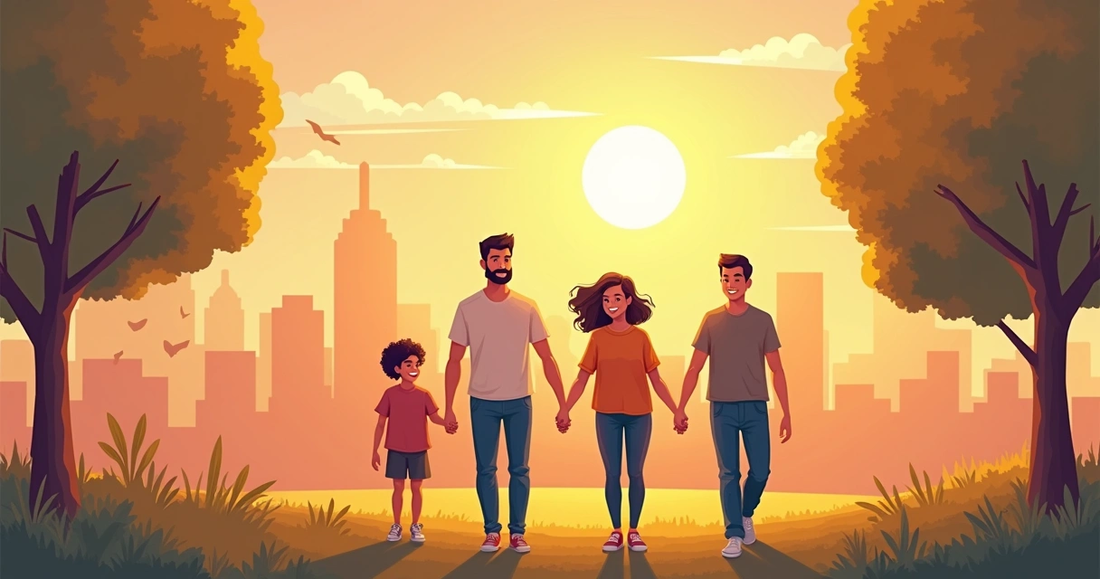 Família feliz caminhando junta ao pôr do sol 