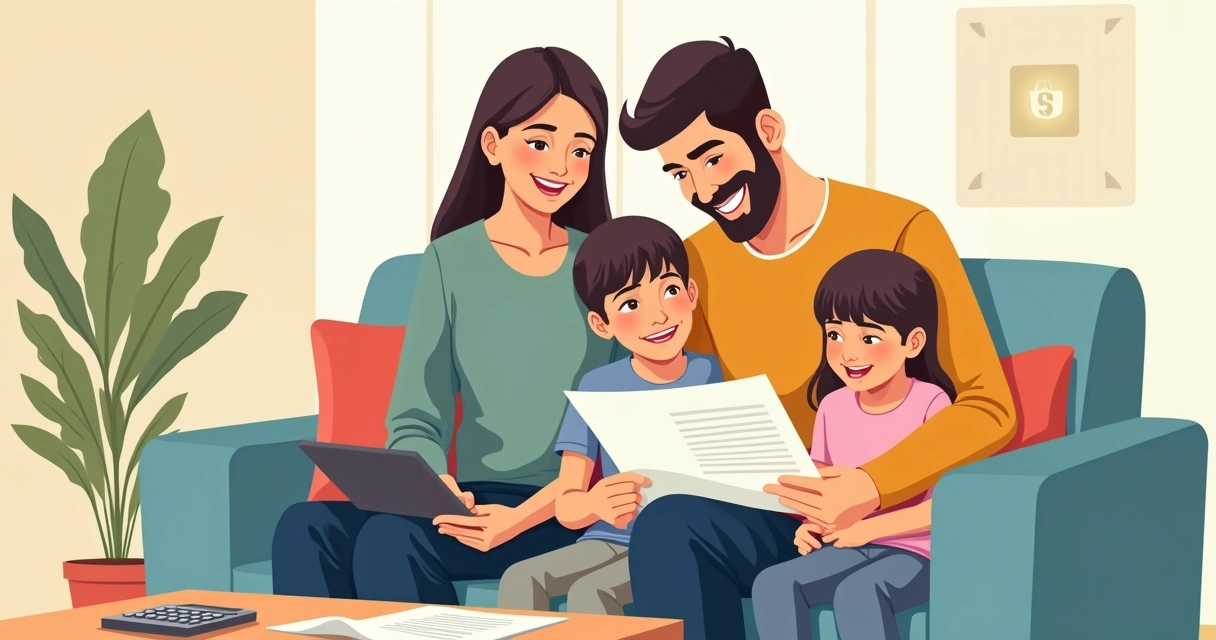 Família reunida no sofá com documentos de seguro de vida 