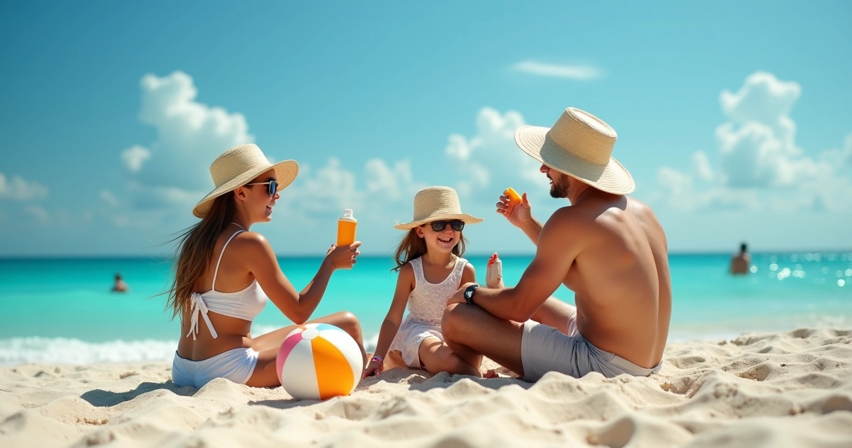 Família na praia usando chapéus e protetor solar