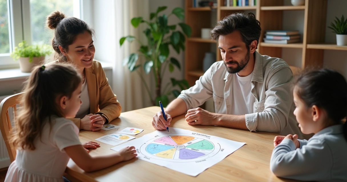 Família sentada em volta da mesa usando recursos visuais para conversar 