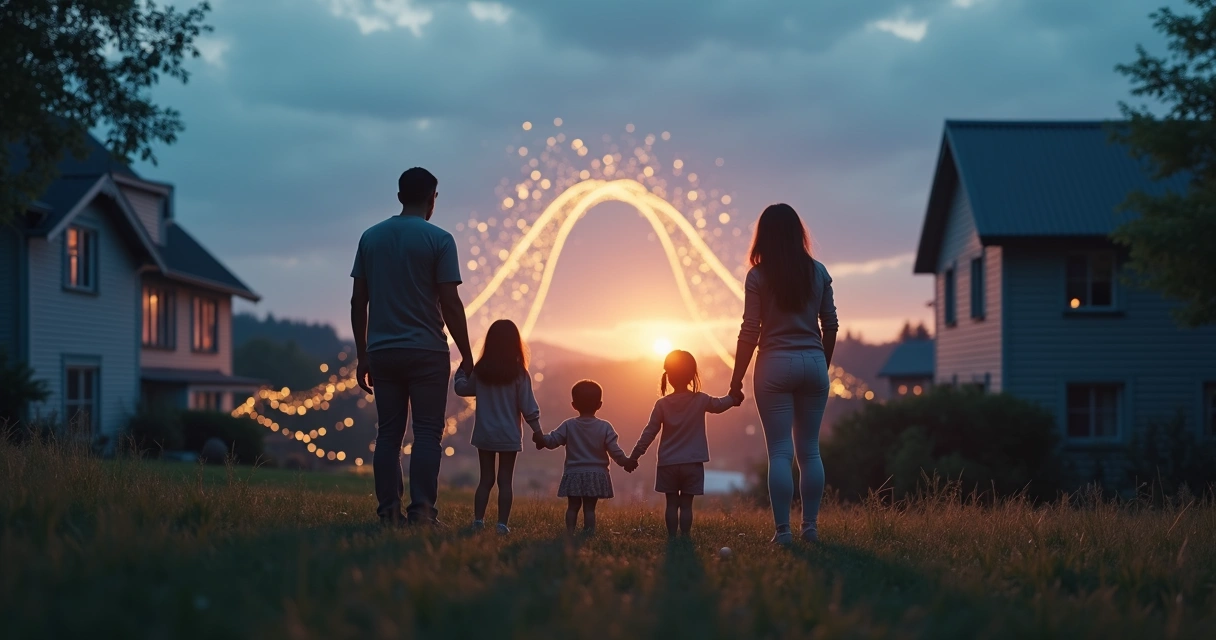 Familia frente a puente de luz conectando dos casas separadas 