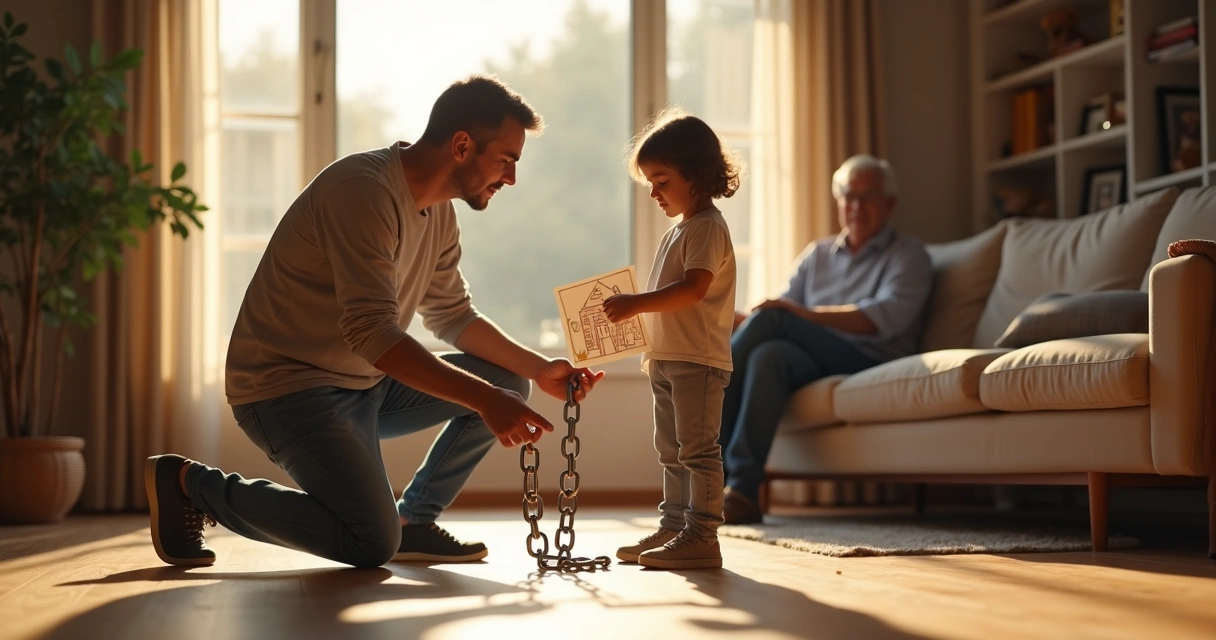 Familia em sala iluminada rompendo corrente simbolica no chao 