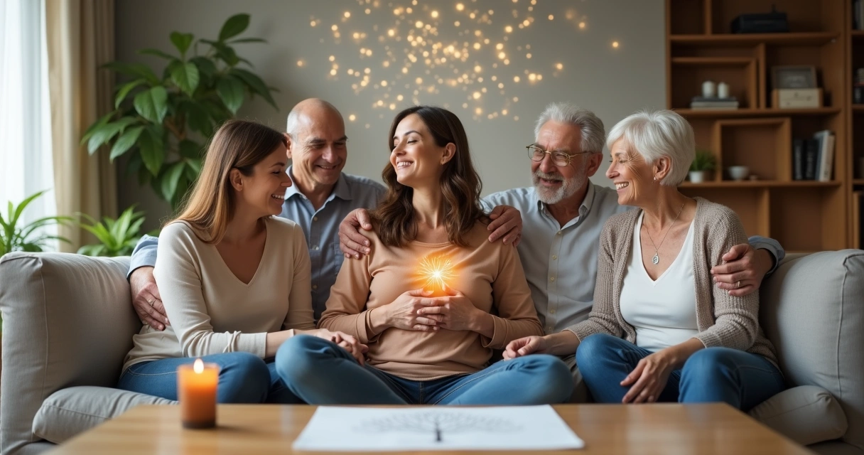 Família de três gerações unida em sala iluminada simbolizando cura de padrões inconscientes 