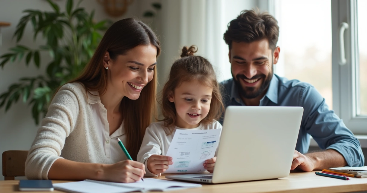 Família realizando pagamento escolar em casa