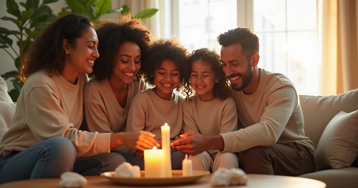 Família reunida em casa acendendo vela e sorrindo 