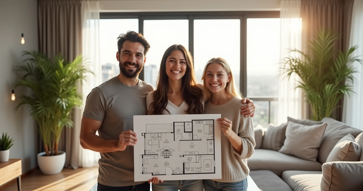 Família segurando chave dourada e planta de apartamento em sala decorada. 