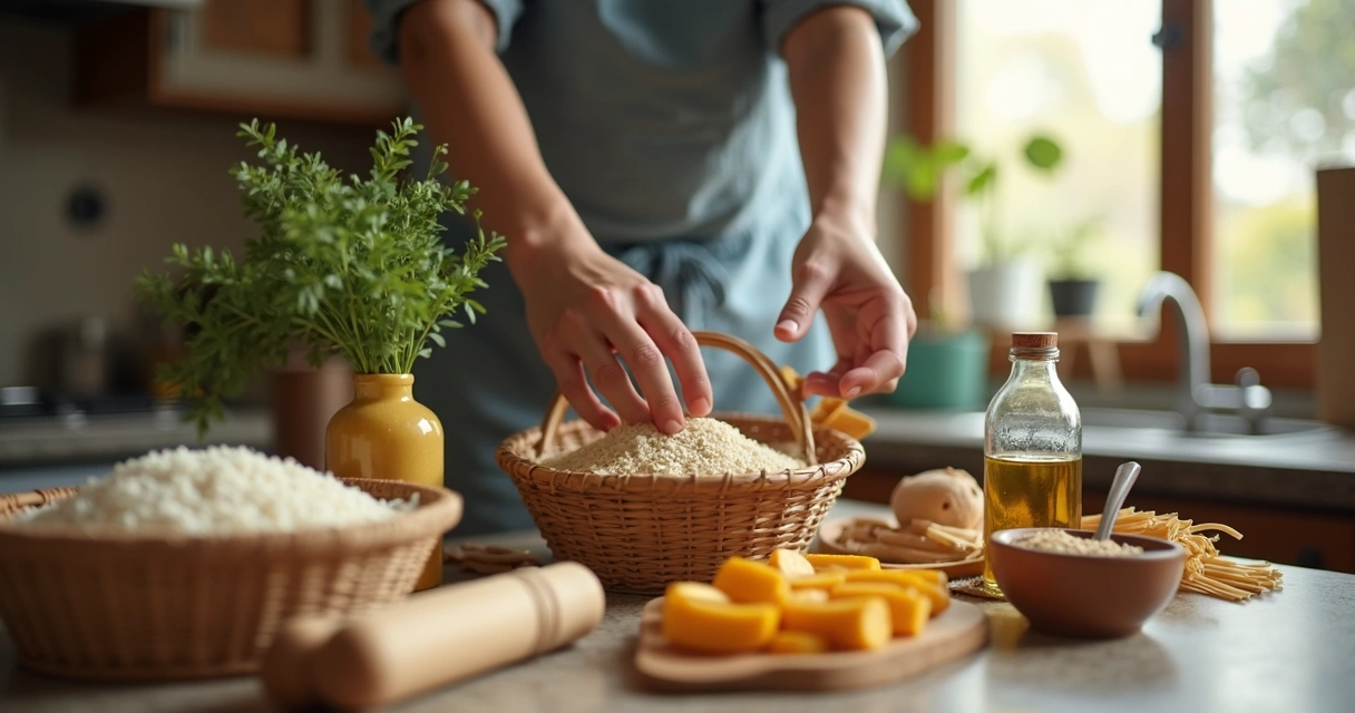 Família organizando alimentos da cesta básica em casa 