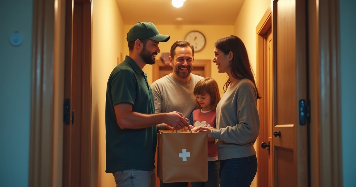 Família recebendo entrega rápida de farmácia 