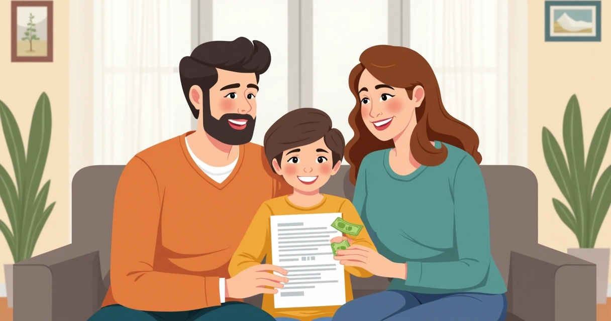 Família sorrindo com documento aprovado e dinheiro em mãos após indenização de seguro. 