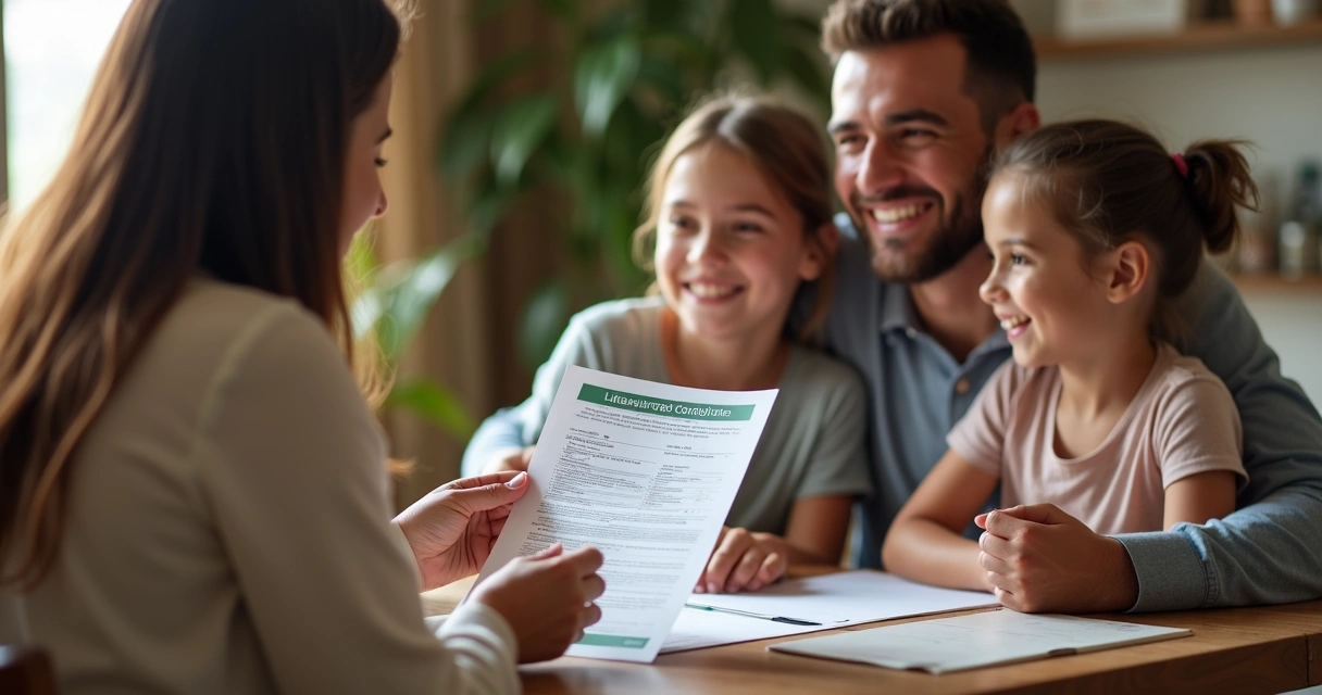 Família sentada ao redor de uma mesa, recebendo um documento de indenização de seguro de vida de um profissional sorridente 