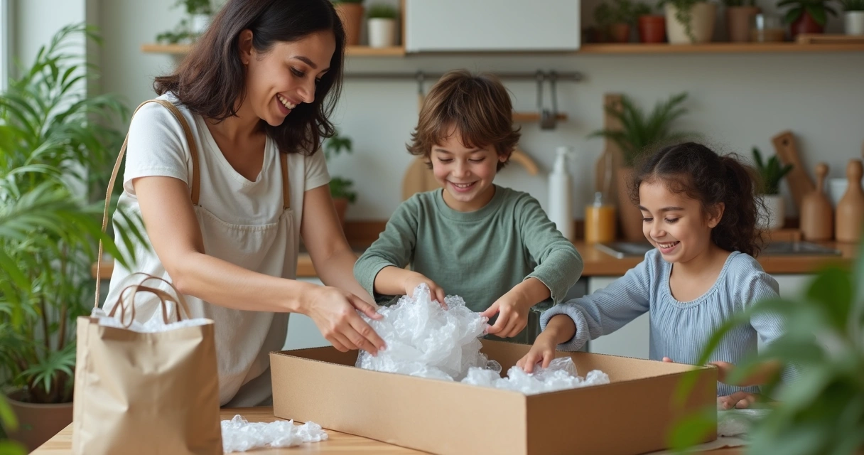 Familia separando reciclaje en la cocina de una casa 