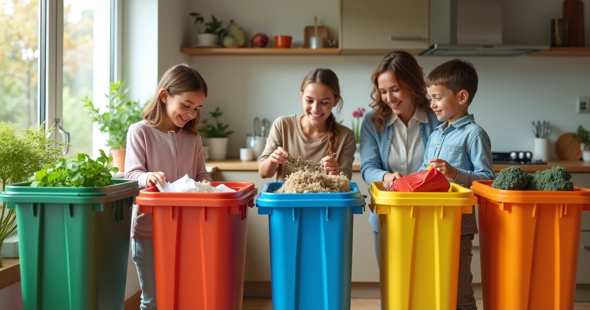Família separando resíduos para reciclagem em casa. 
