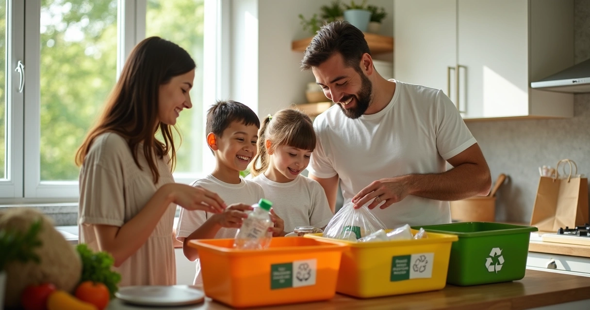 Família reciclando embalagens e cuidando do lixo doméstico 