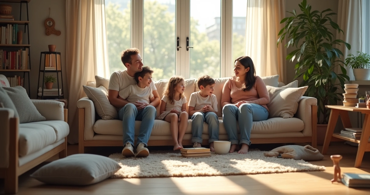 Família recomposta reunida em sala de estar, adultos e crianças sentados interagindo