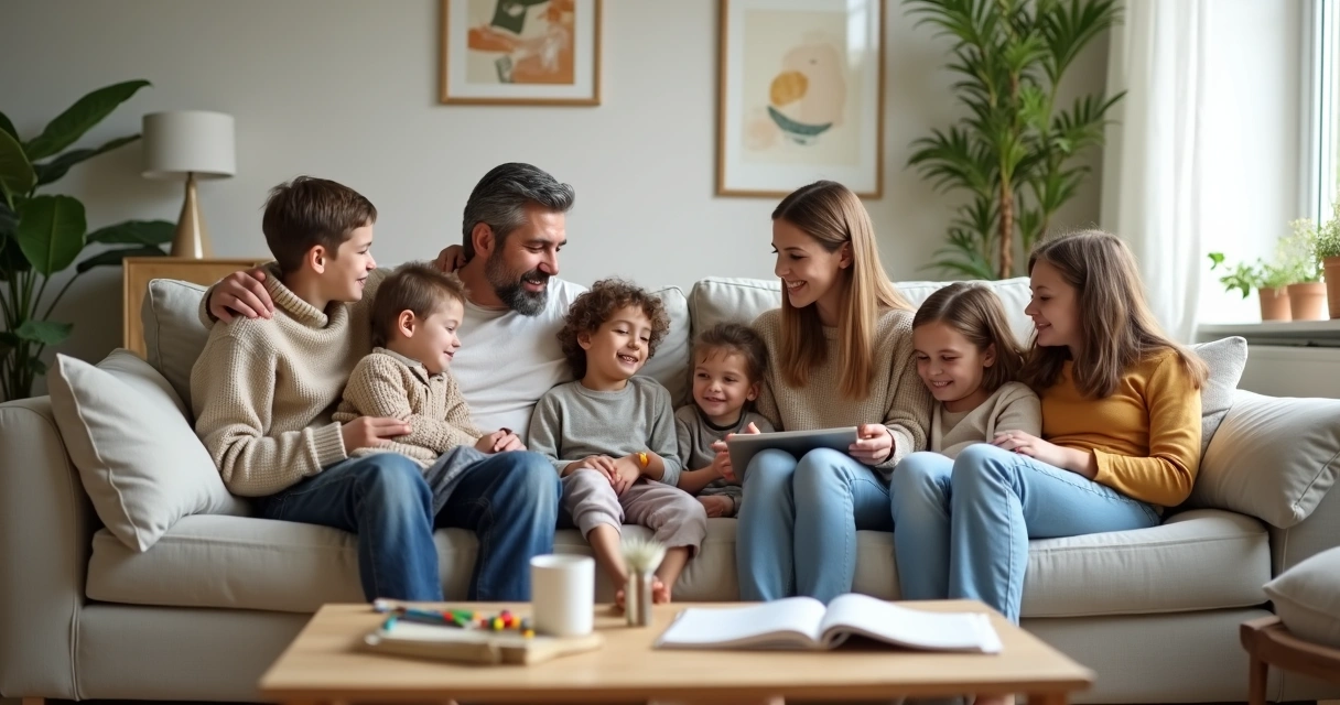 Família recomposta sentada no sofá em sala de estar acolhedora 
