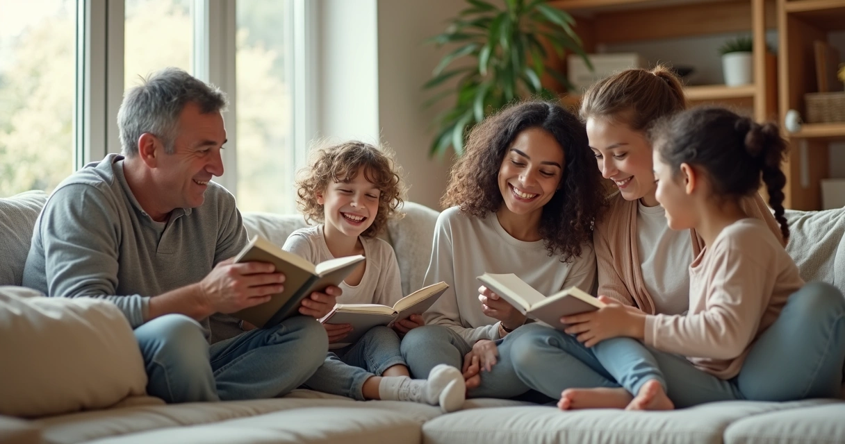 Família recomposta reunida na sala de estar