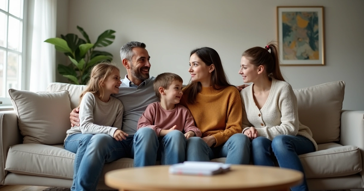 Família recomposta sentada no sofá com olhares conectados em sala de estar acolhedora 