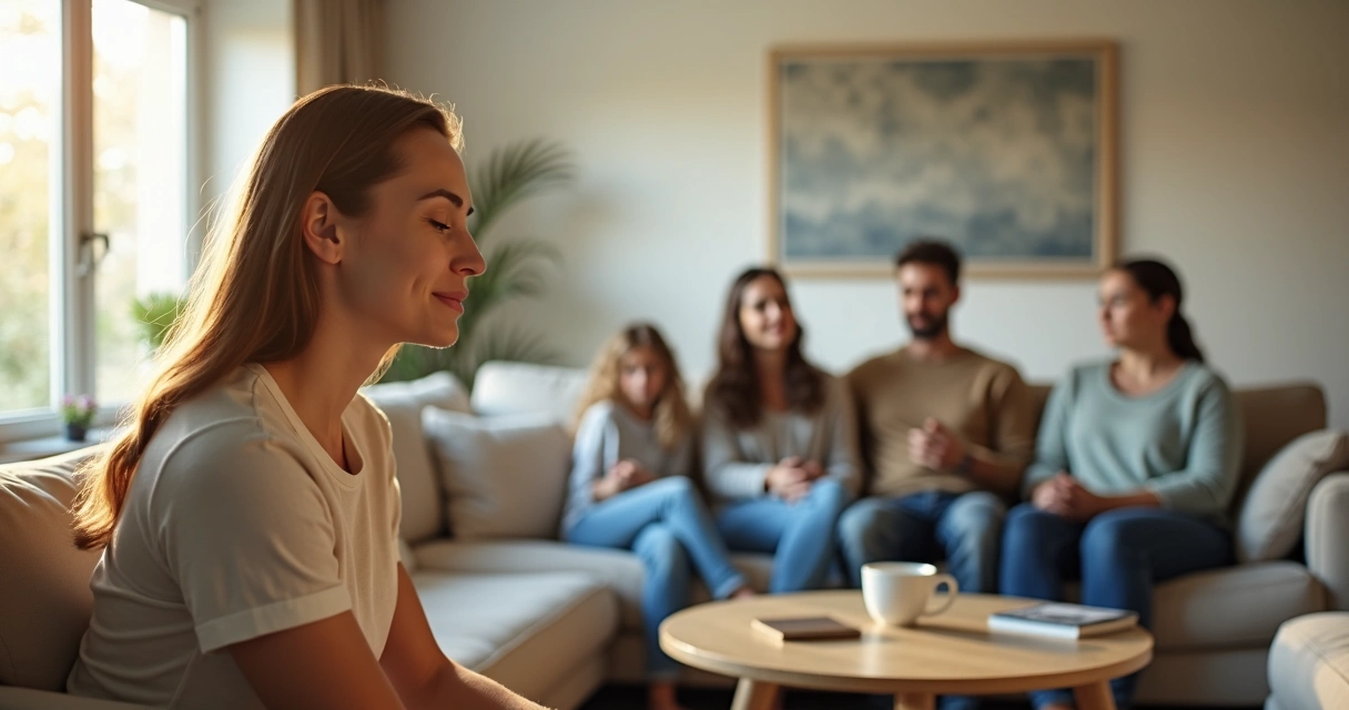 Família sentada em sala iluminada com foco em mulher em reflexão tranquila 