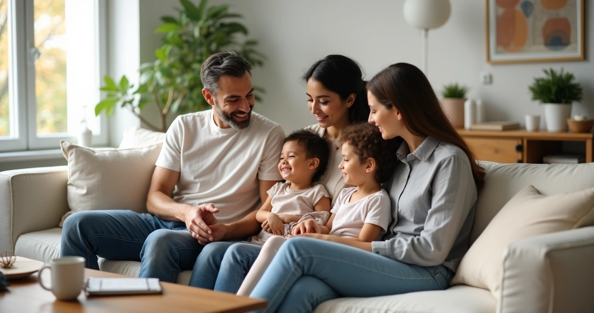Família sentada no sofá em conversa tranquila de reconciliação 