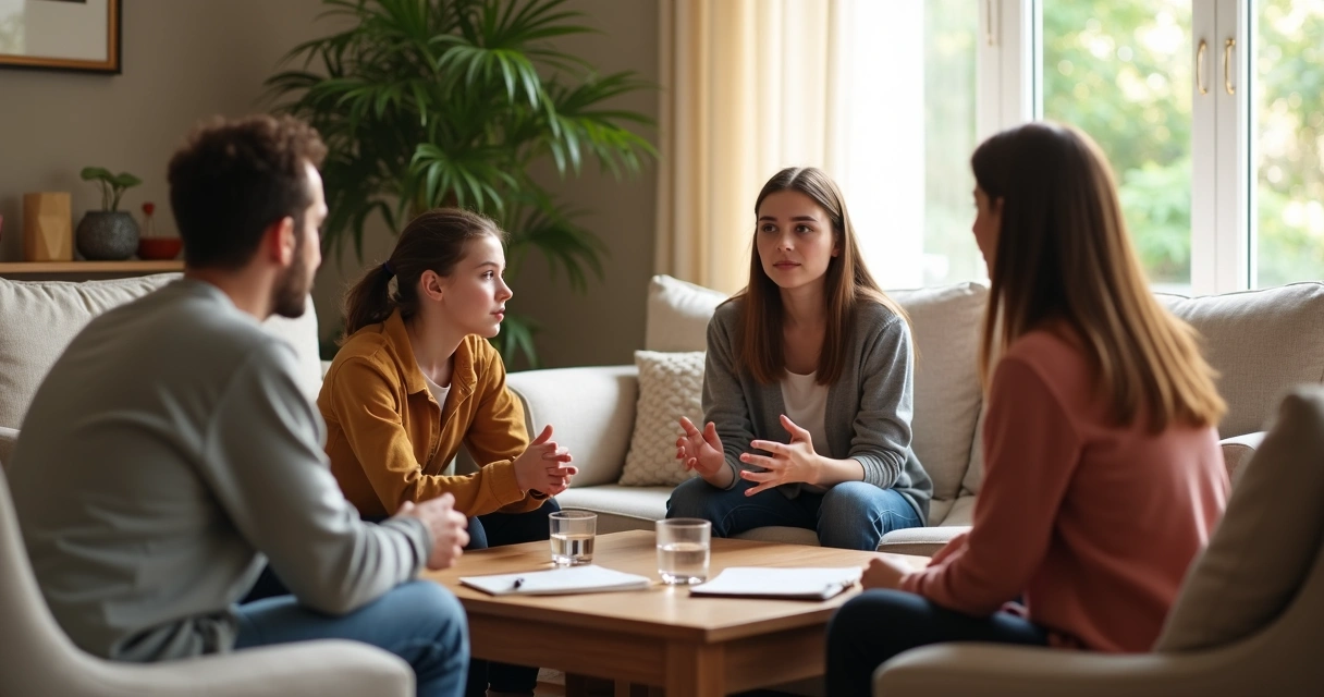 Família em reconciliação sentada na sala de estar 