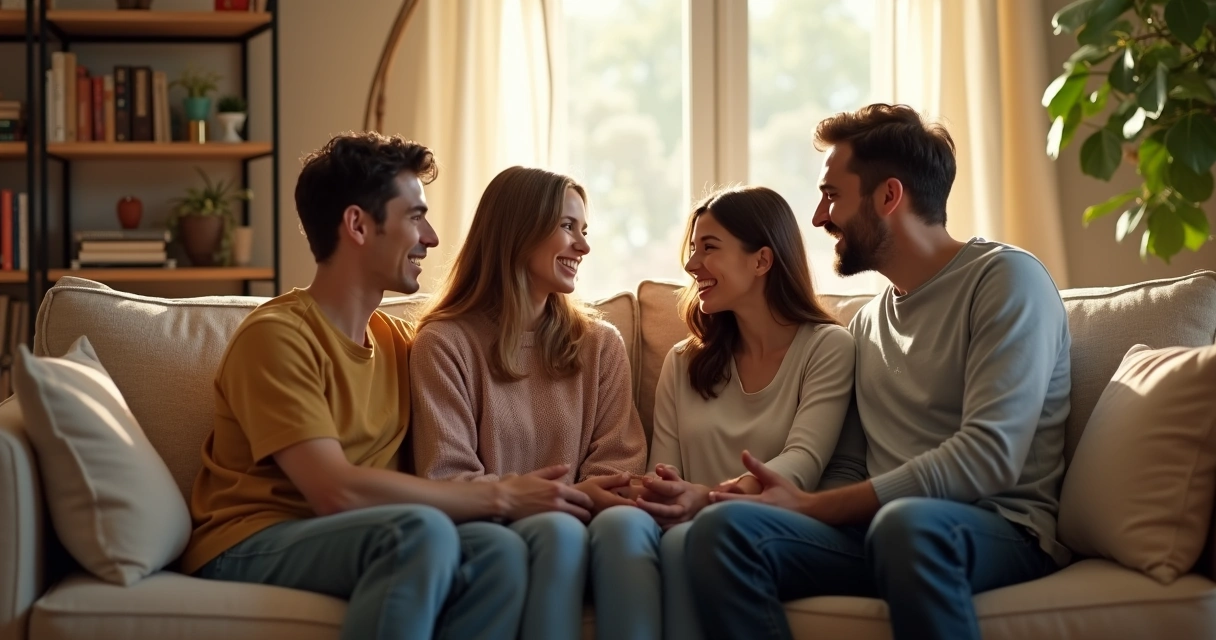 Familia conversando sentada em sala de estar 