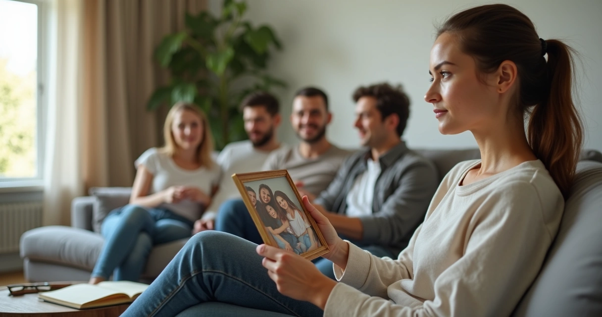 Mulher refletindo em frente à família em ambiente acolhedor 