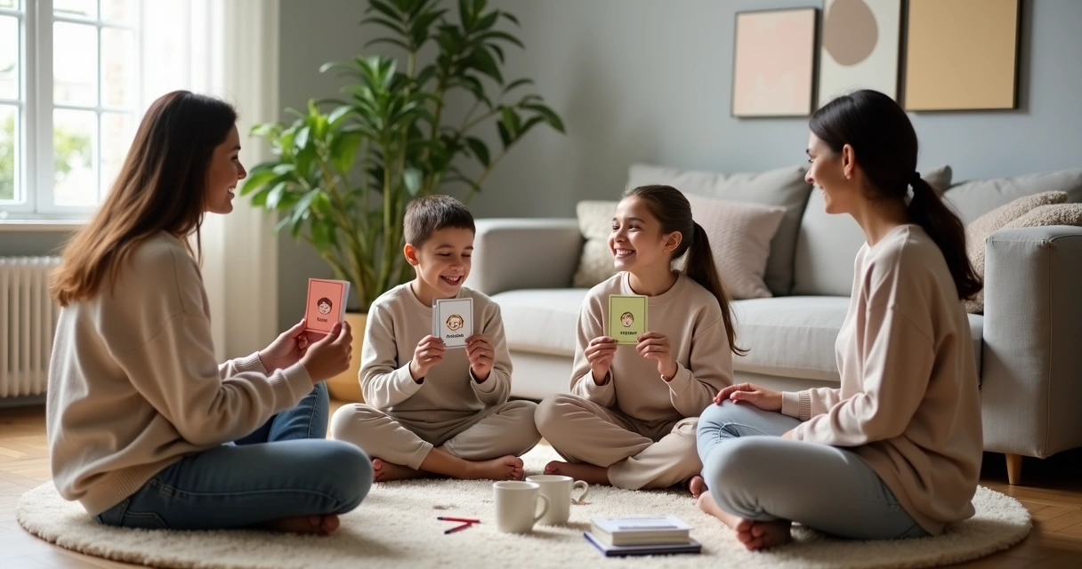 Familia sentada en círculo en la sala usando tarjetas de emociones 
