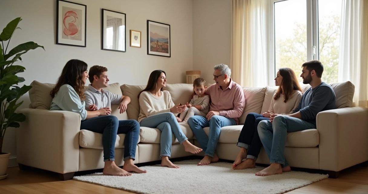 Família sentada em círculo na sala reconstruindo vínculos após conflito 